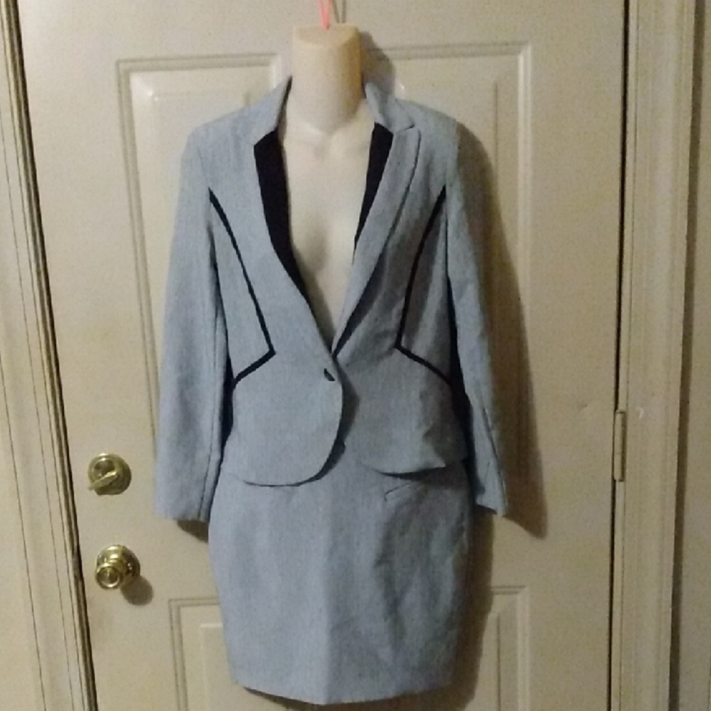 Vtg 90s Black Grey Gray Blazer Skirt Suit Office Professional Interview Sales